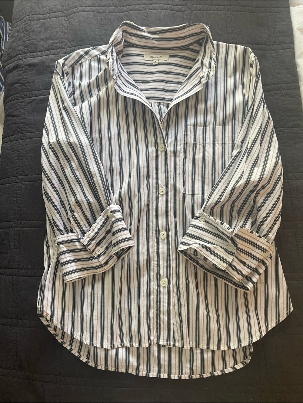 Madewell White Button Down Shirt with Black and Blue Stripes